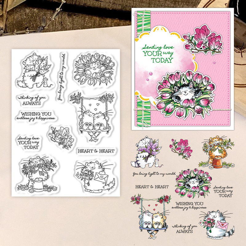 Clear Silicone Stamps For Card Making - Suncraft Cute Kitty Cats And Flowers