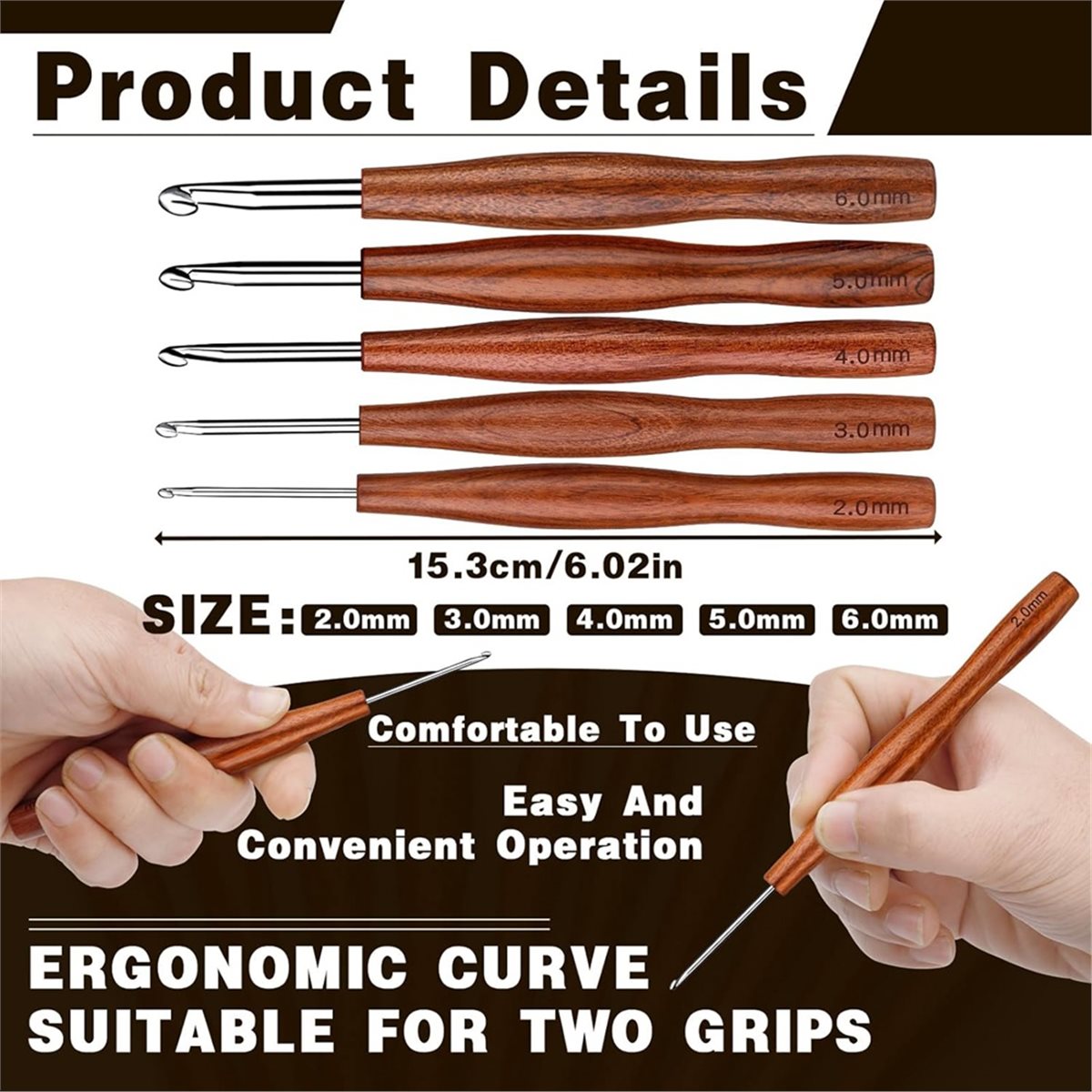 AT16 5 Pcs Crochet Hook, 5 Siz - Wooden Crochet Hooks Ergonomic Handle ulasan dan harga